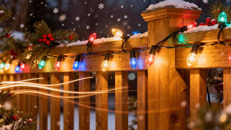 雪夜木栏彩灯闪烁图片