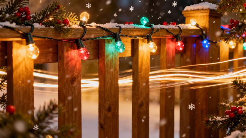 雪夜木栏彩灯与松枝图片