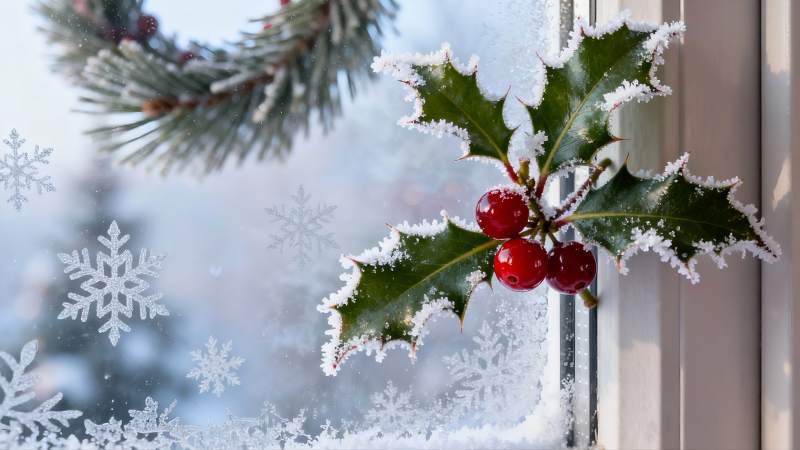 窗边雪覆冬青红果图片