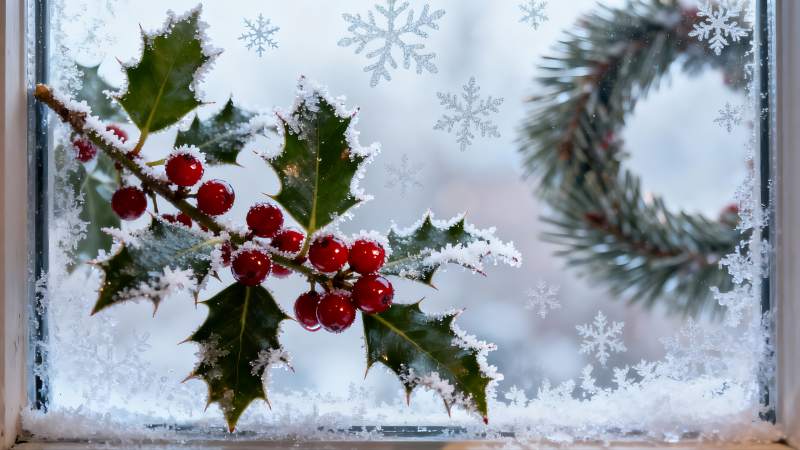 窗前雪覆冬青与松环图片
