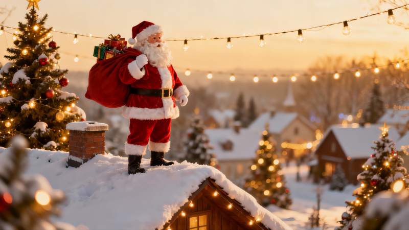 圣诞老人雪夜屋顶送礼图片