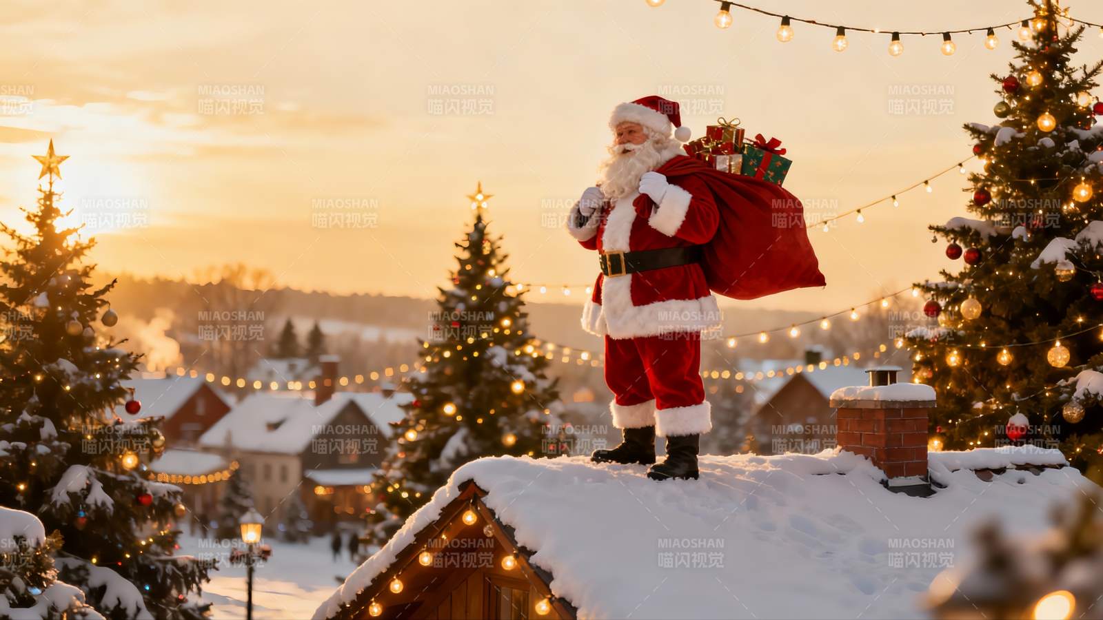 圣诞老人屋顶送礼雪景图片