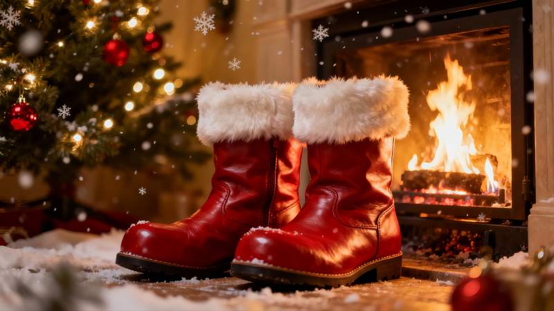 圣诞暖炉前的红靴图片