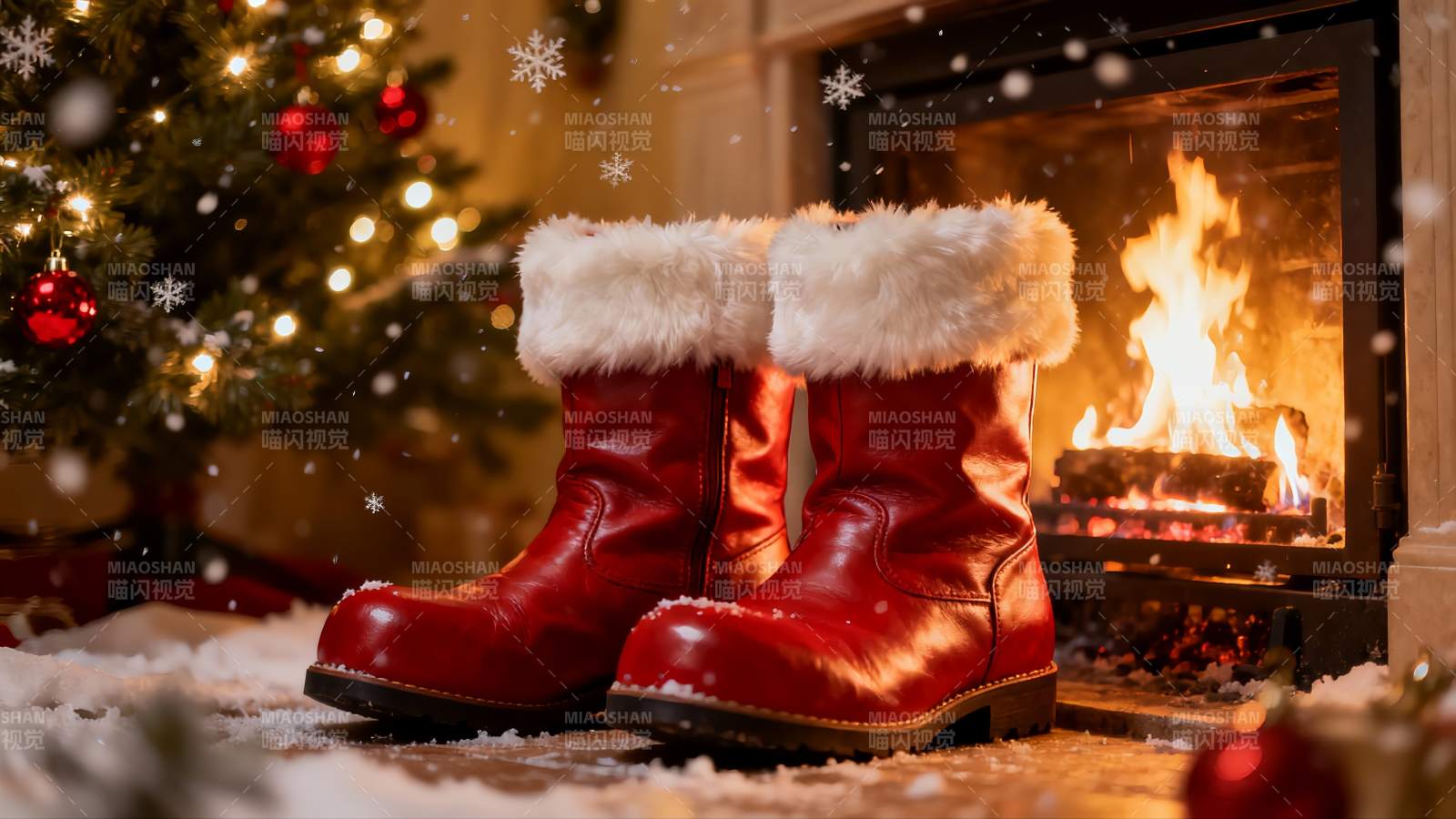圣诞暖炉前的红靴图片