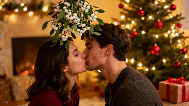 圣诞树下情侣亲吻温馨场景图片