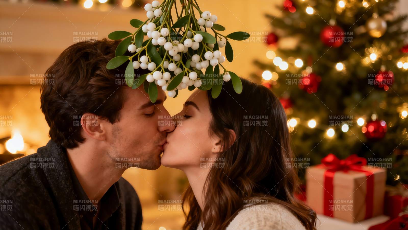 圣诞树下情侣亲吻浪漫温馨图片