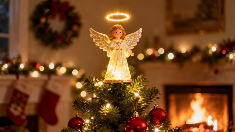 圣诞树顶天使装饰与壁炉图片