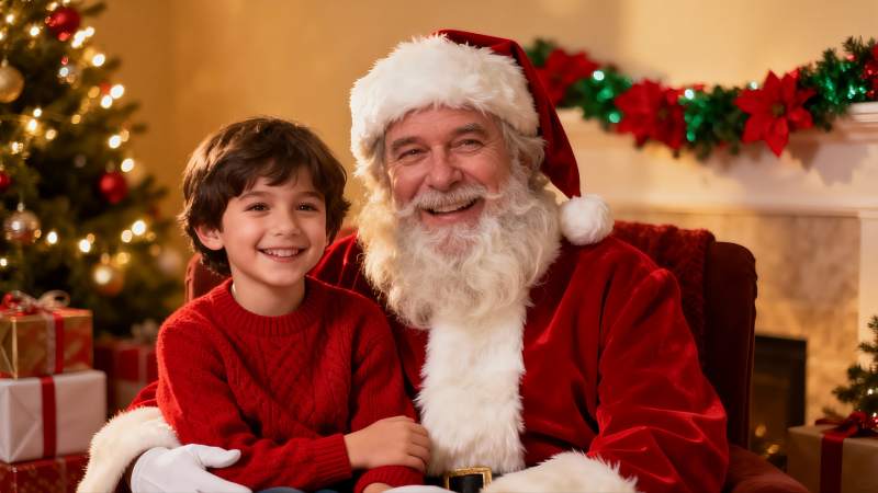 圣诞老人与男孩温馨合影图片