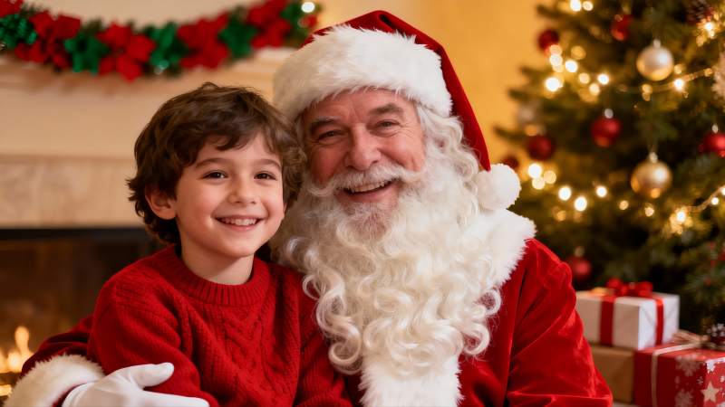圣诞老人与男孩温馨合影图片