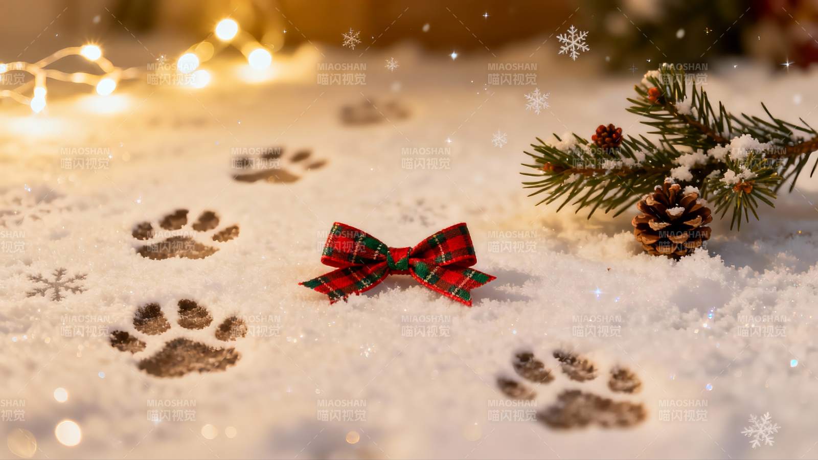 雪地爪印与圣诞装饰图片
