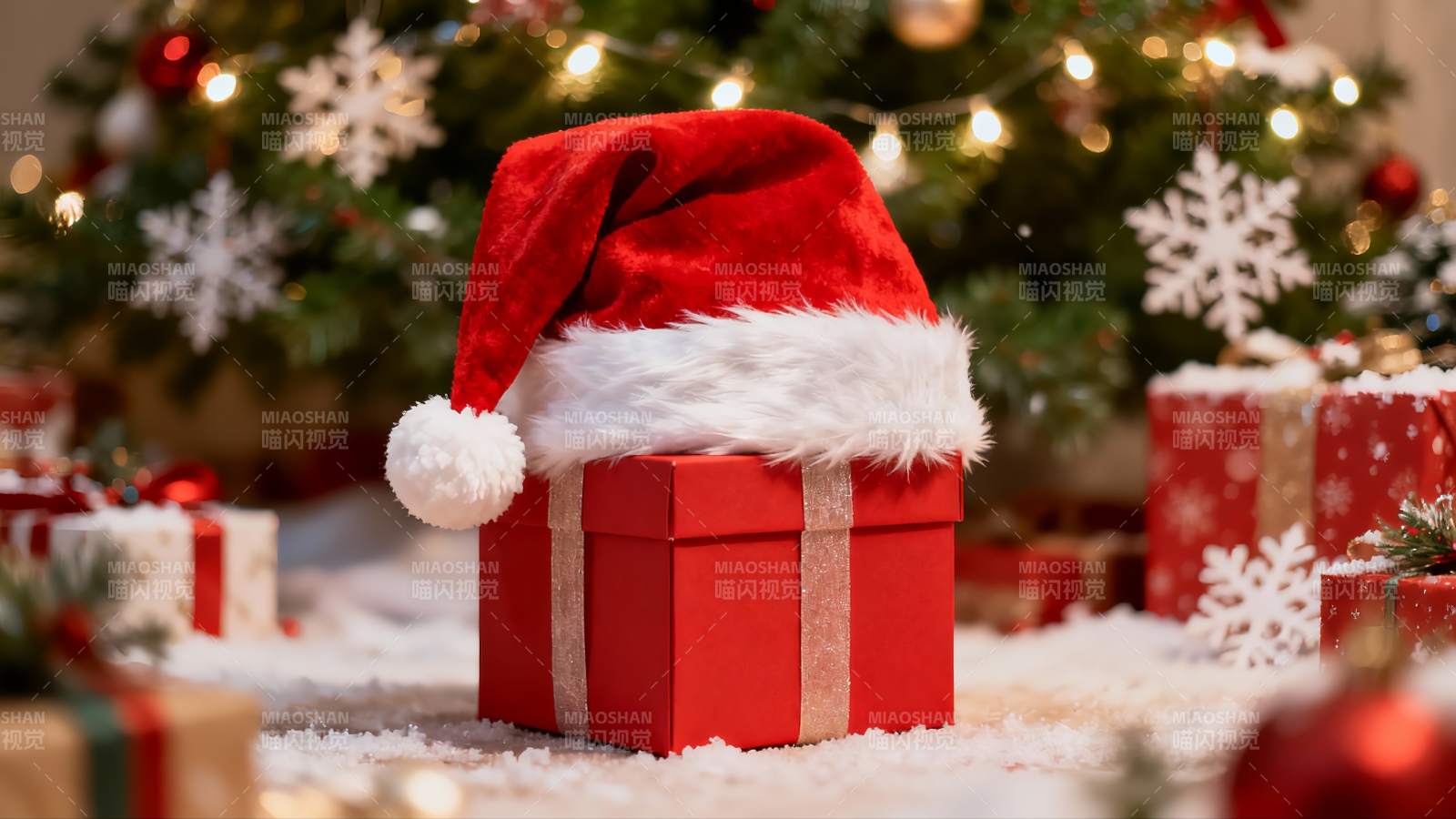 圣诞礼物盒配红色帽子图片