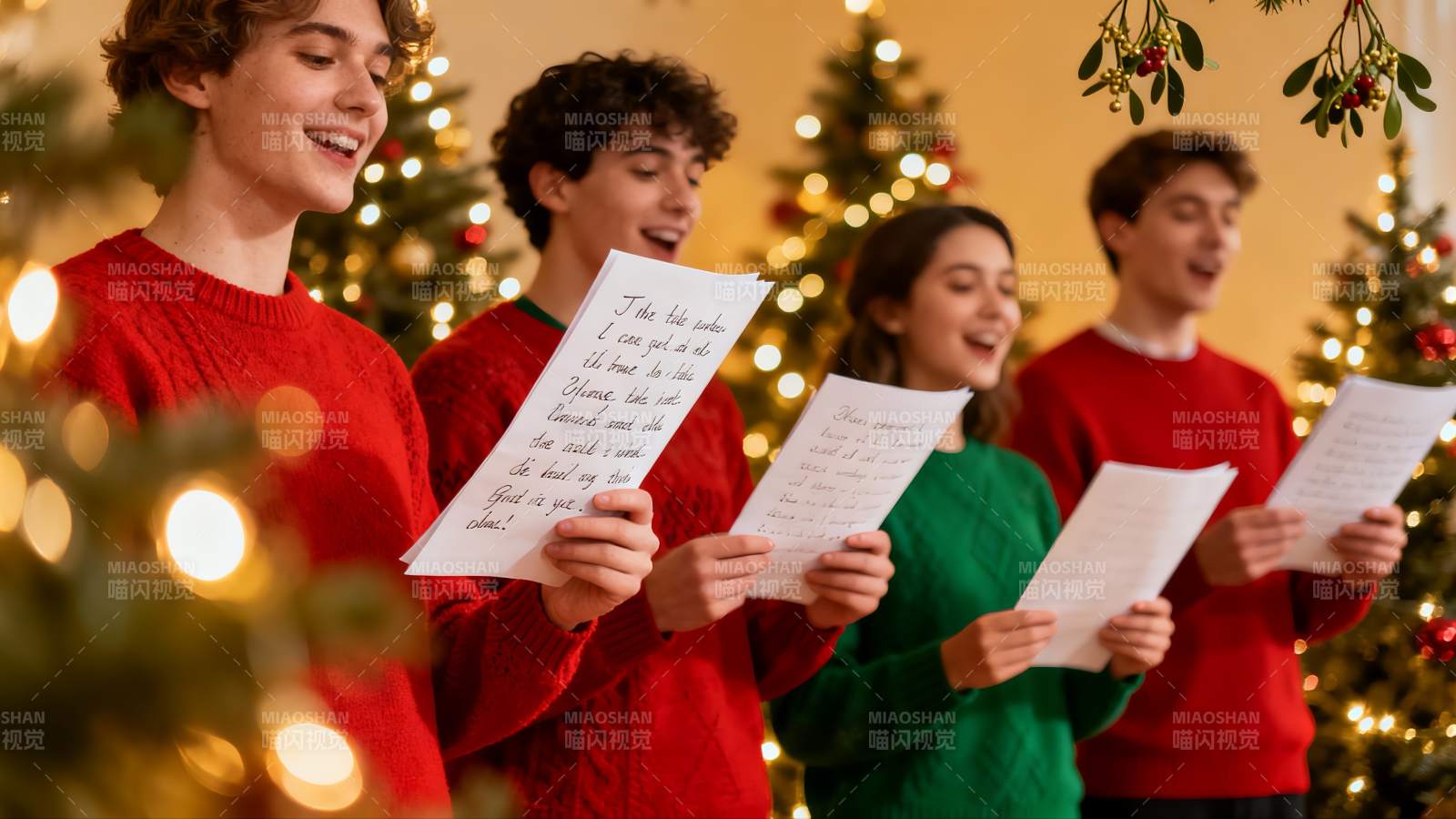 圣诞树前四人合唱欢乐场景图片