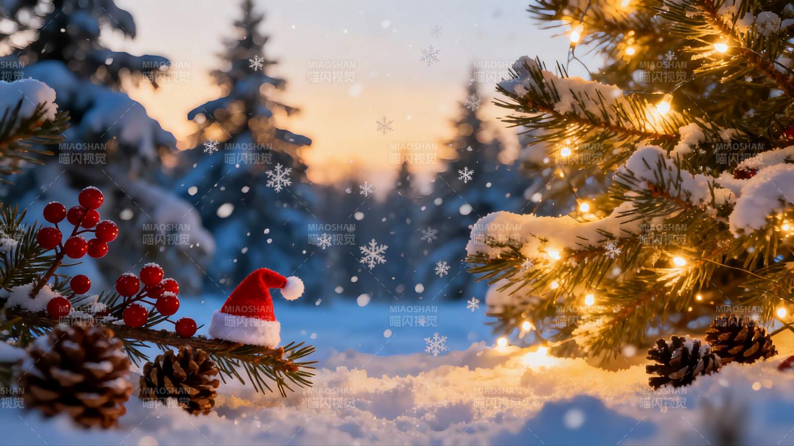 雪夜圣诞树下的静谧冬景图片