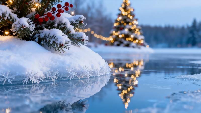 雪夜圣诞树与松枝倒影图片