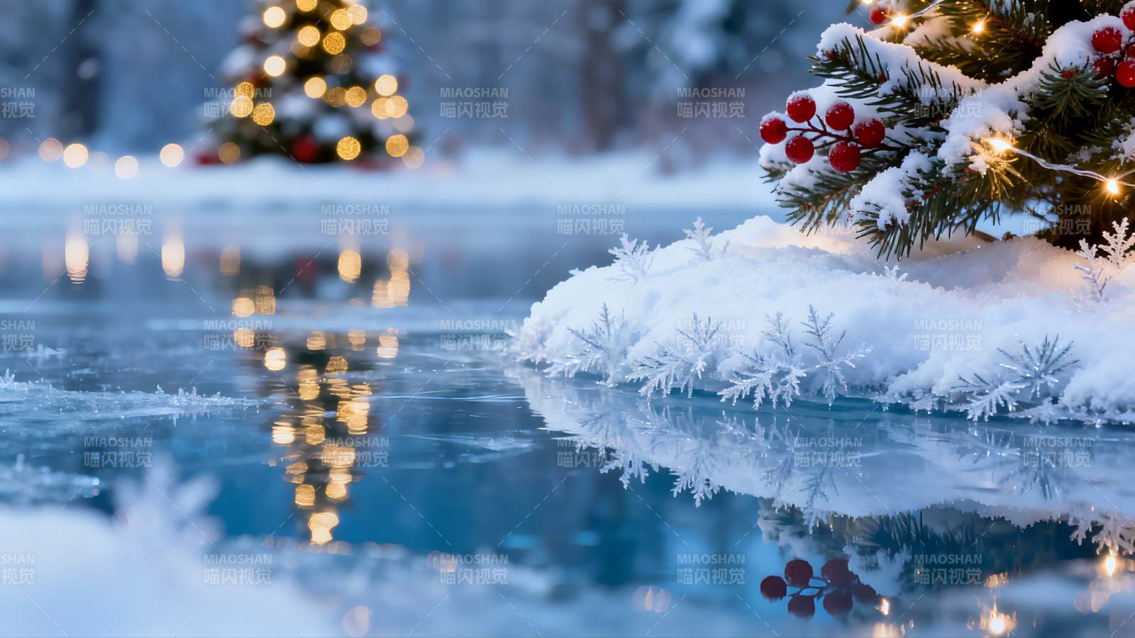 雪夜圣诞树倒影静谧美景图片