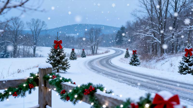 雪景圣诞道路两旁装饰图片