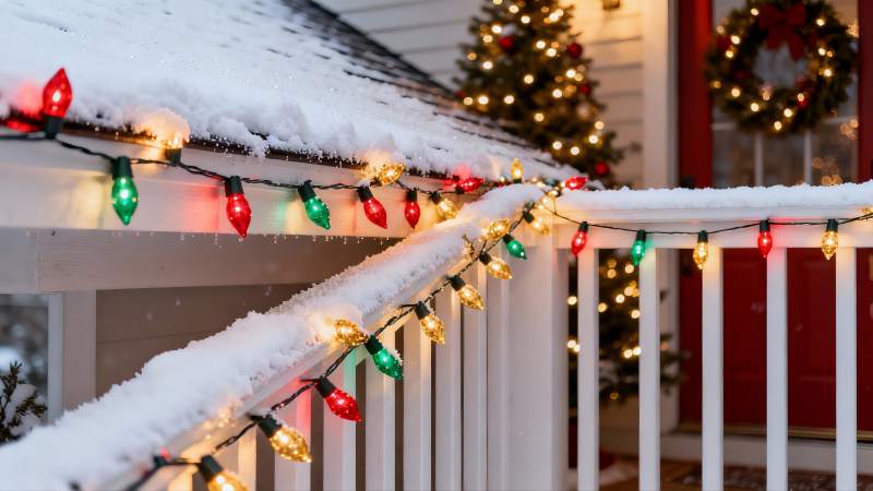 雪夜圣诞灯饰照亮门廊图片