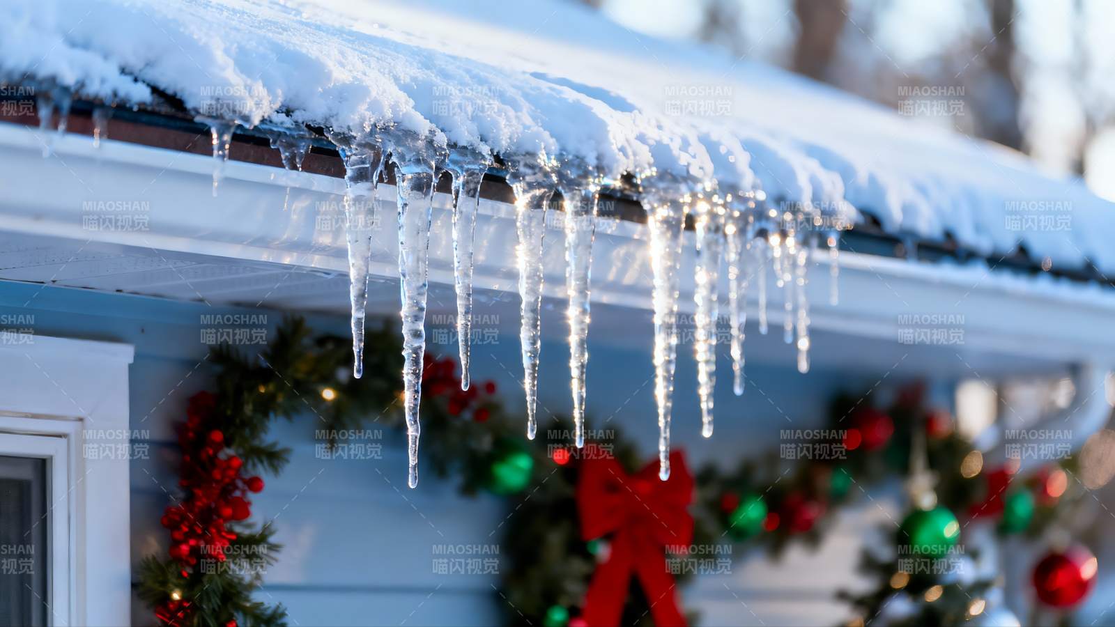 雪后屋檐冰柱与圣诞装饰图片