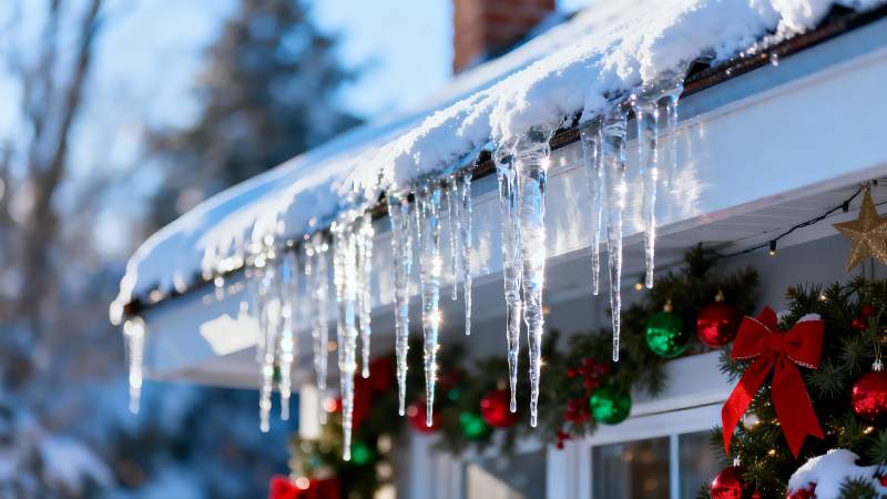 雪后屋檐冰挂与圣诞装饰图片