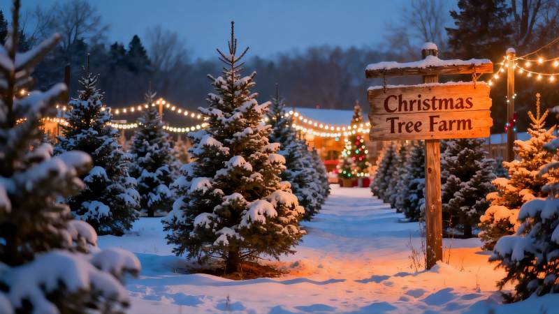 雪夜圣诞树农场灯火通明图片