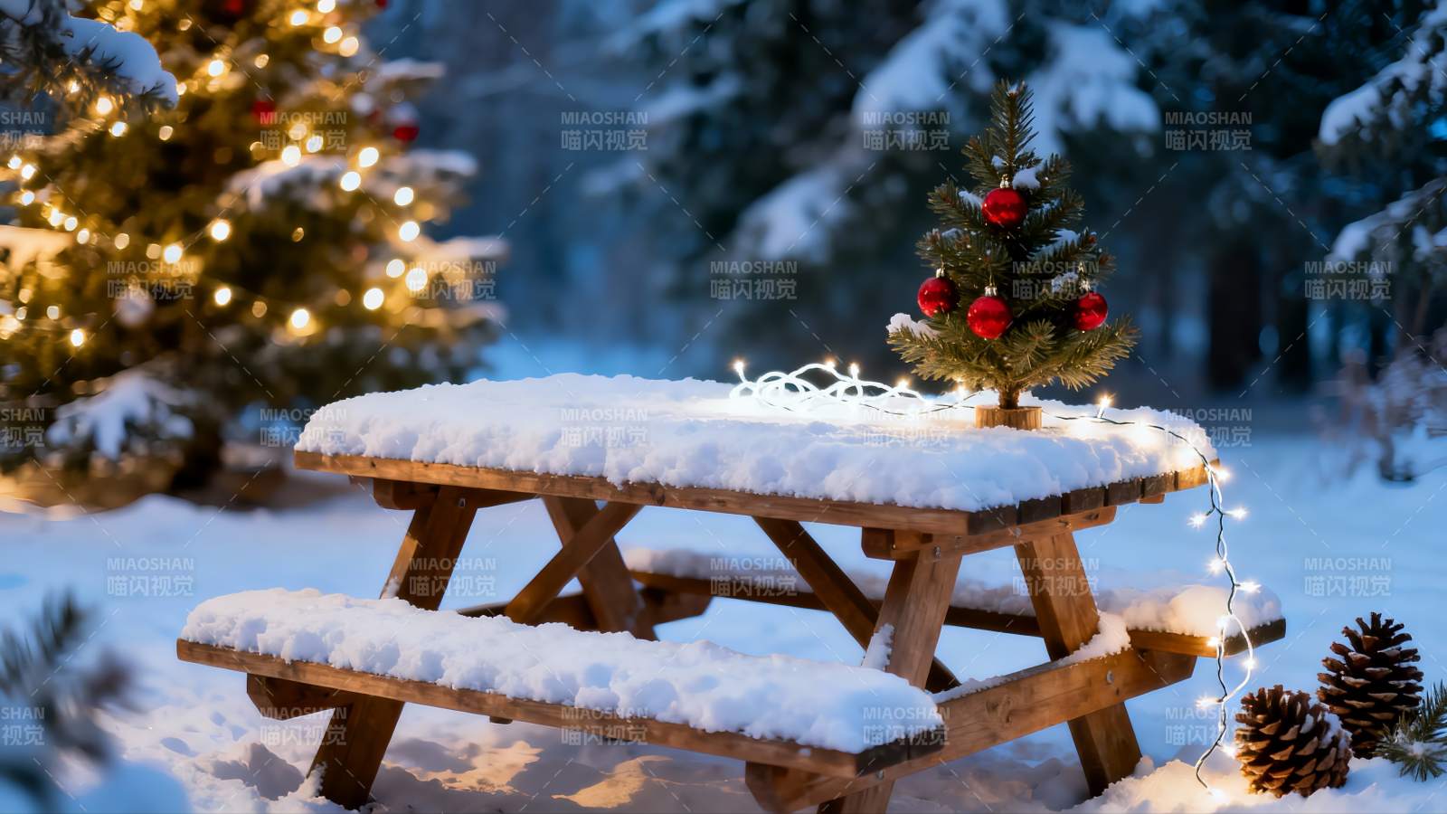 雪地木桌圣诞树夜景图片