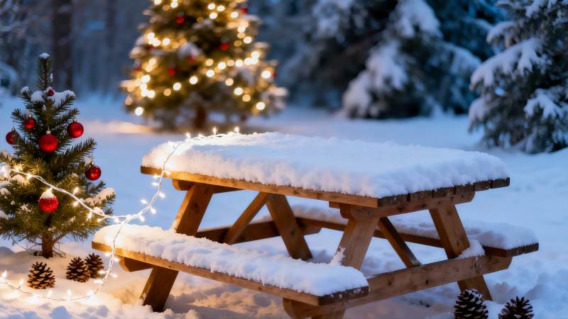 雪夜圣诞餐桌灯光温馨图片