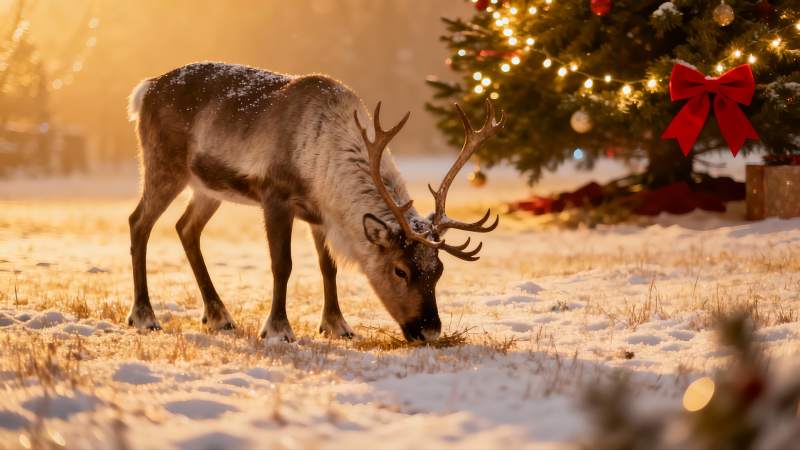 雪地驯鹿圣诞树旁觅食图片