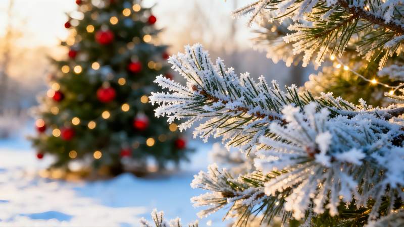 雪覆松枝映圣诞树图片