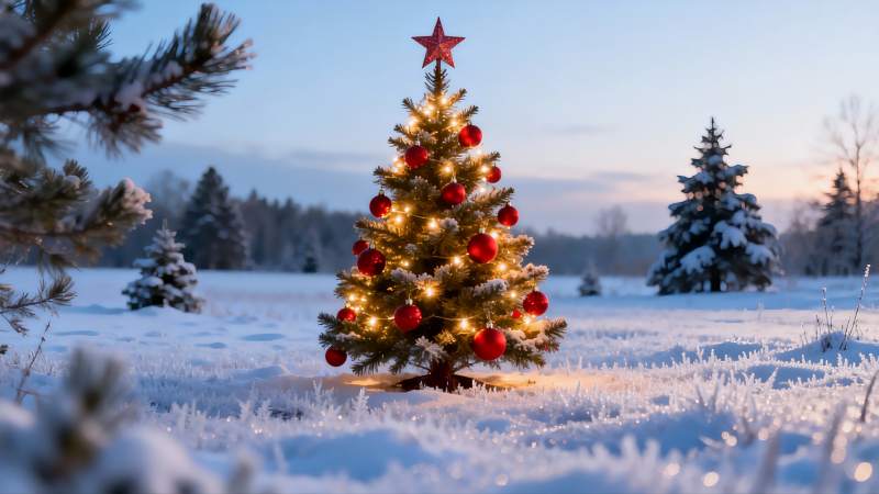 雪地圣诞树夜景图片