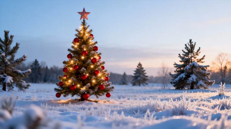 雪地圣诞树夜景图片