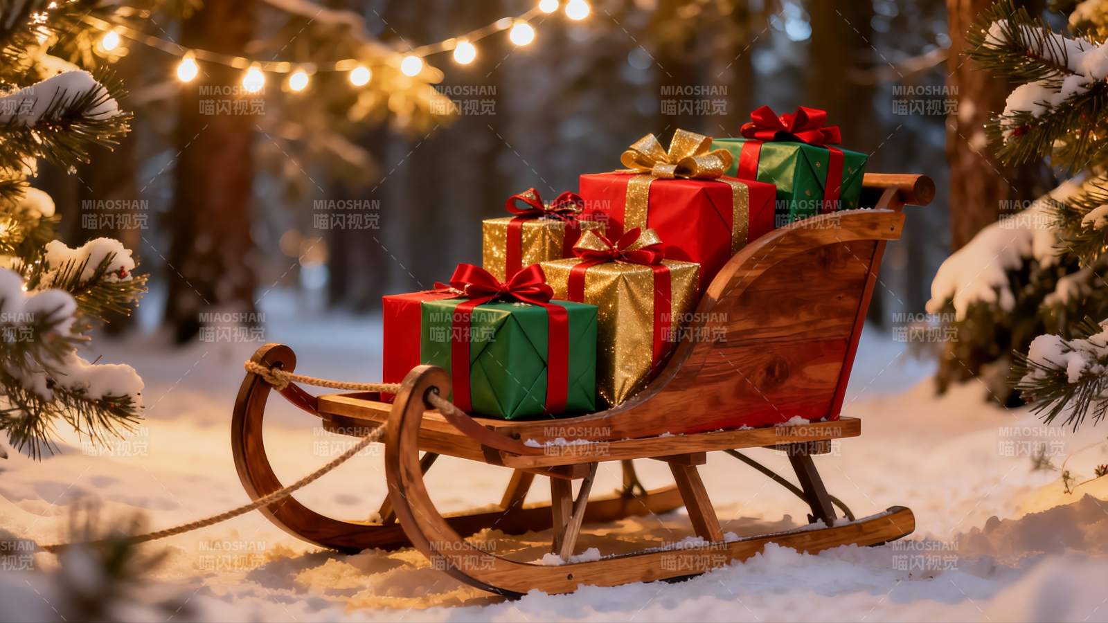 雪地木橇载满圣诞礼物图片