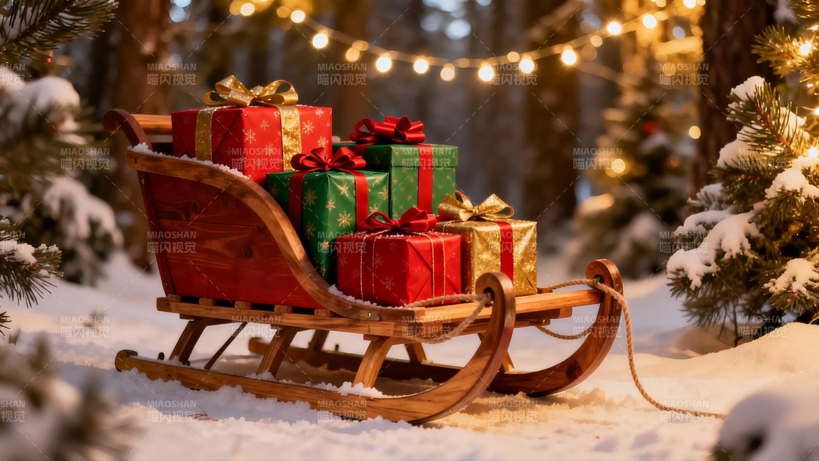 雪地木橇载满圣诞礼物图片