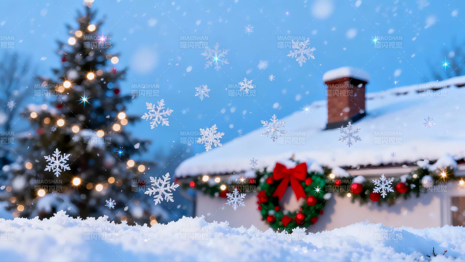 雪夜圣诞树与房屋装饰图片