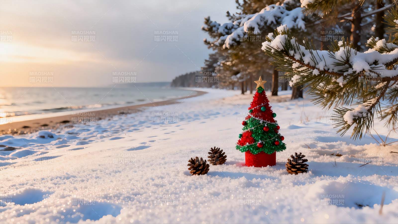 雪地圣诞树与松果静景图片