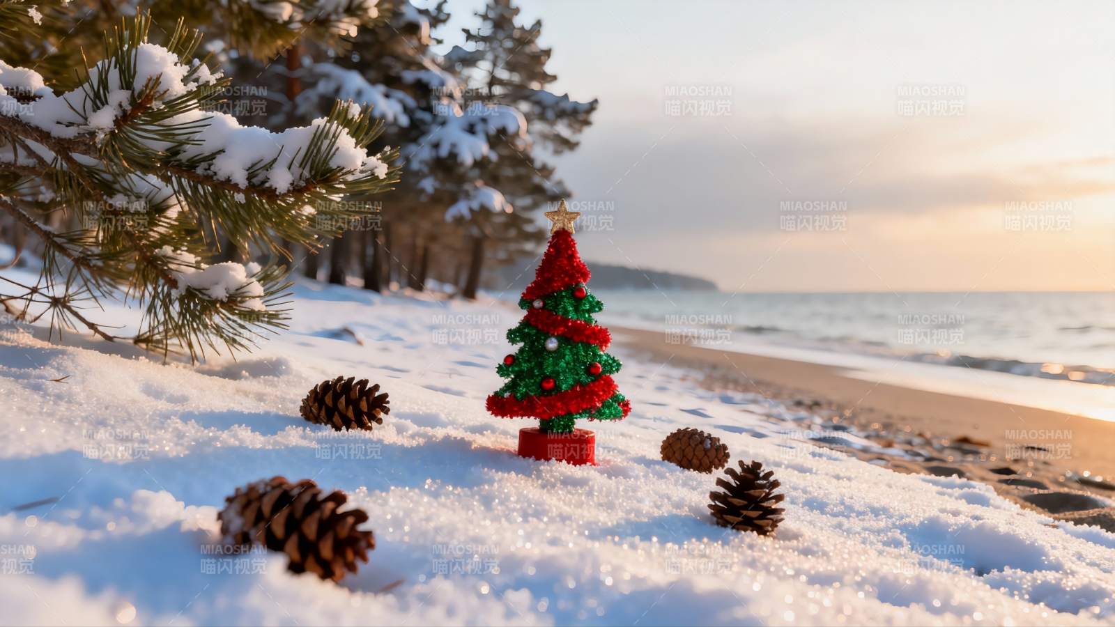 雪地圣诞树与松果图片