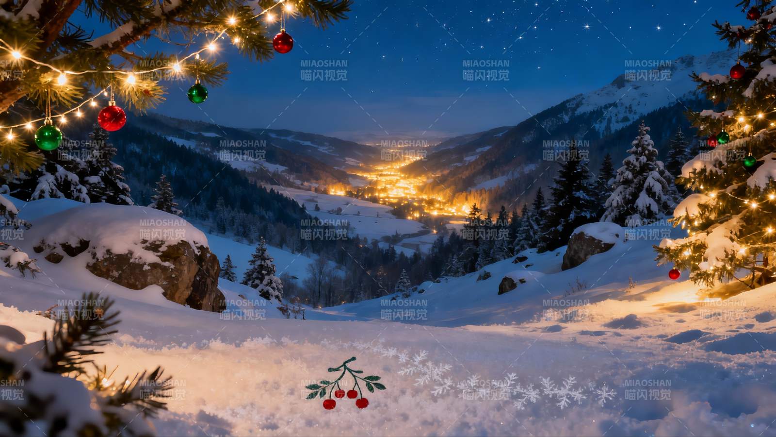 雪夜山景圣诞树装饰图片