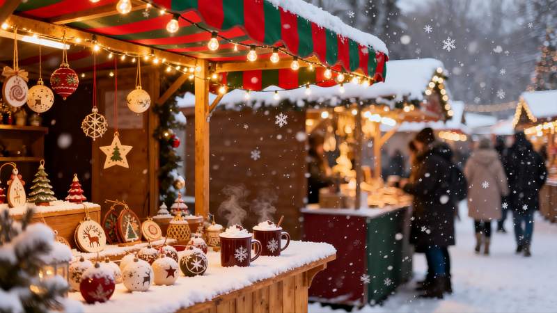 雪夜圣诞市集灯火温馨图片