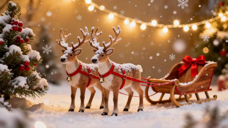 雪地驯鹿拉雪橇圣诞场景图片
