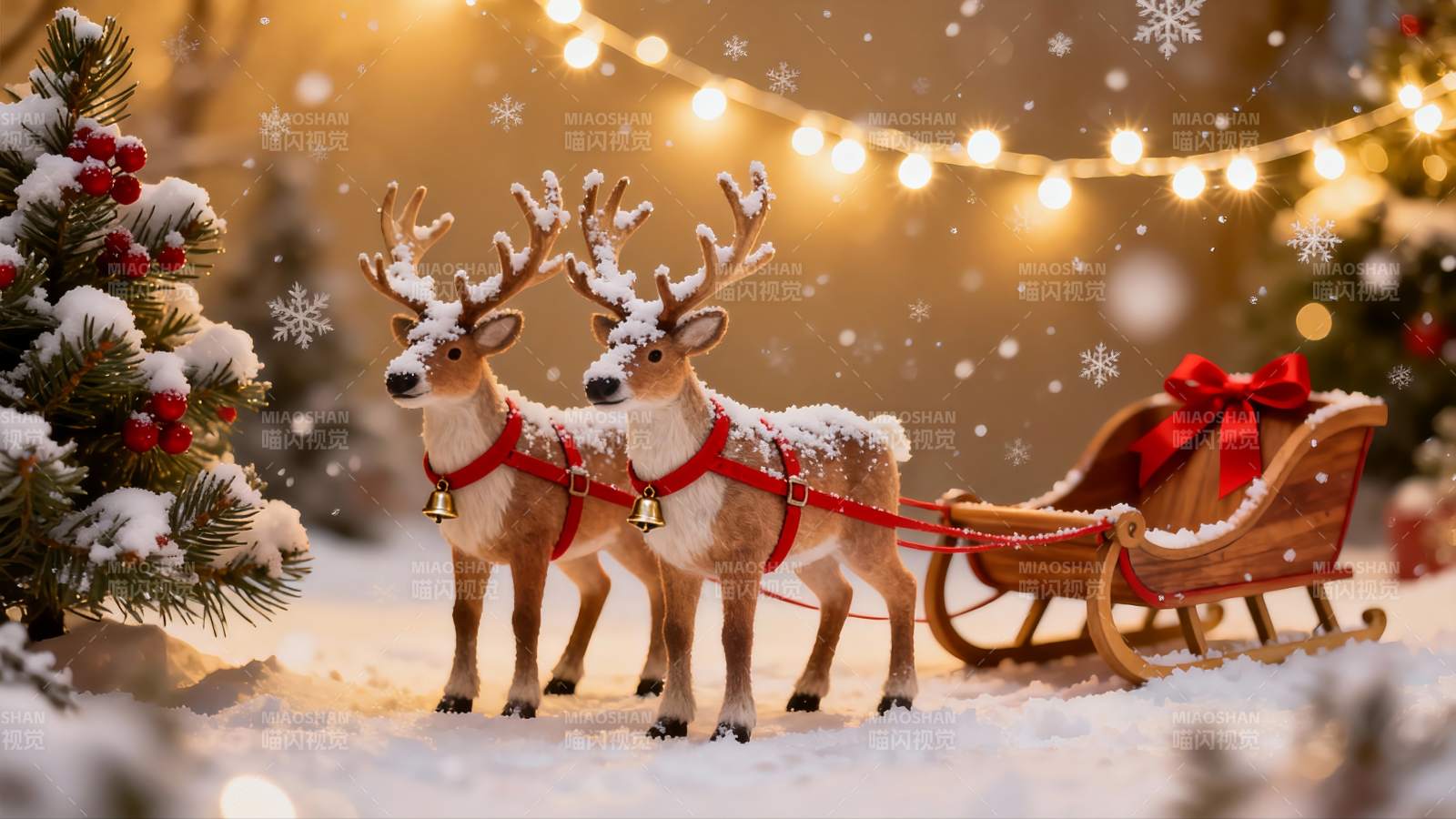雪地驯鹿拉雪橇圣诞场景图片