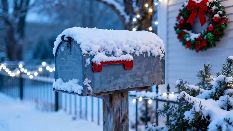 雪后圣诞装饰的邮箱与围栏图片