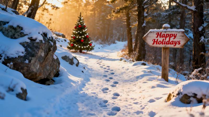 雪地圣诞树与节日路标图片