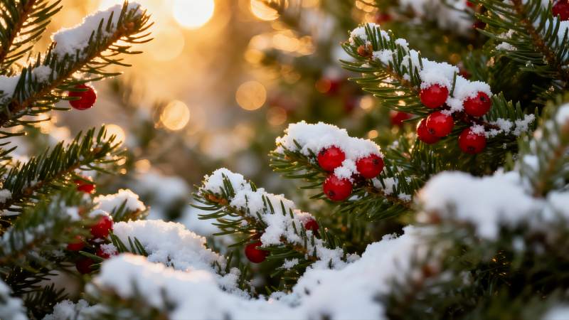 雪覆松枝红果映冬日暖阳图片