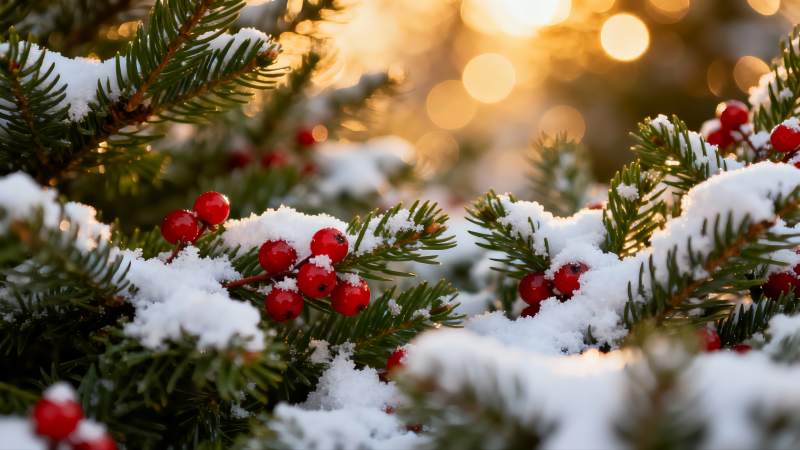 雪覆松枝红果映夕阳图片