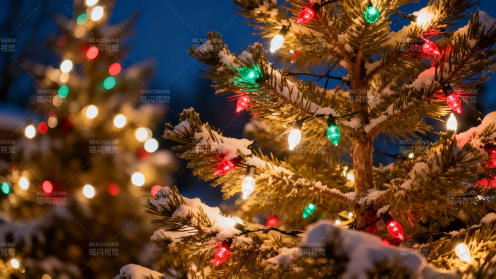 雪夜圣诞树灯光闪烁图片