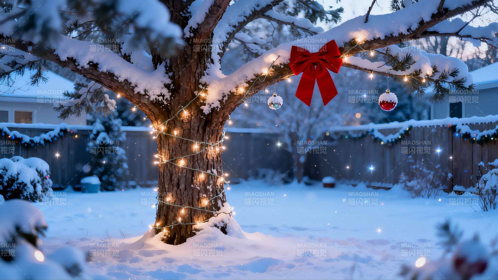 雪夜圣诞树挂彩灯图片