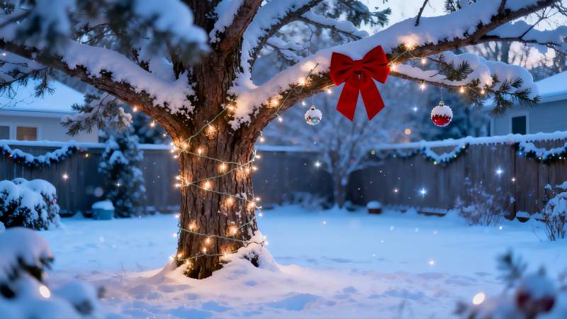 雪夜圣诞树挂彩灯图片
