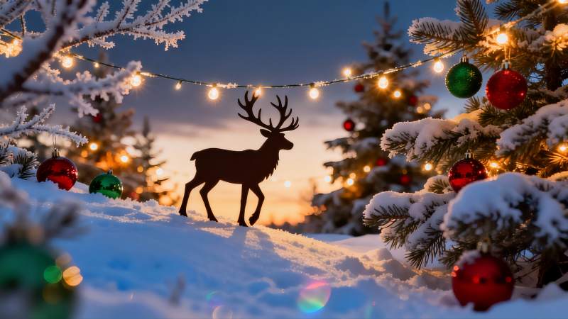 雪地圣诞鹿影夜景图片