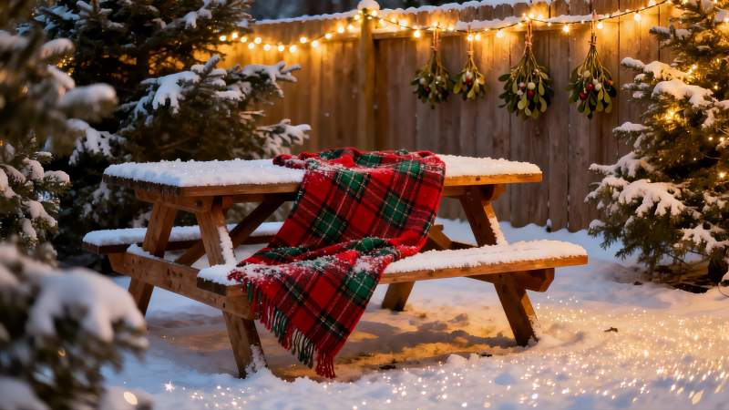 雪夜庭院圣诞氛围桌椅图片