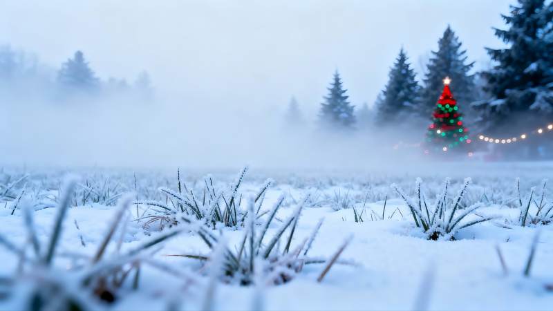 雪地圣诞树雾气弥漫图片