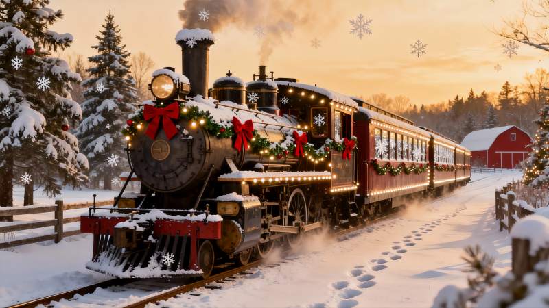 雪景圣诞火车穿行冬日乡村图片